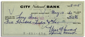 Moe Howard Check Signed to Larry Fine -- Endorsed by Larry on Verso -- Dated 13 May 1960 -- Very Good Condition